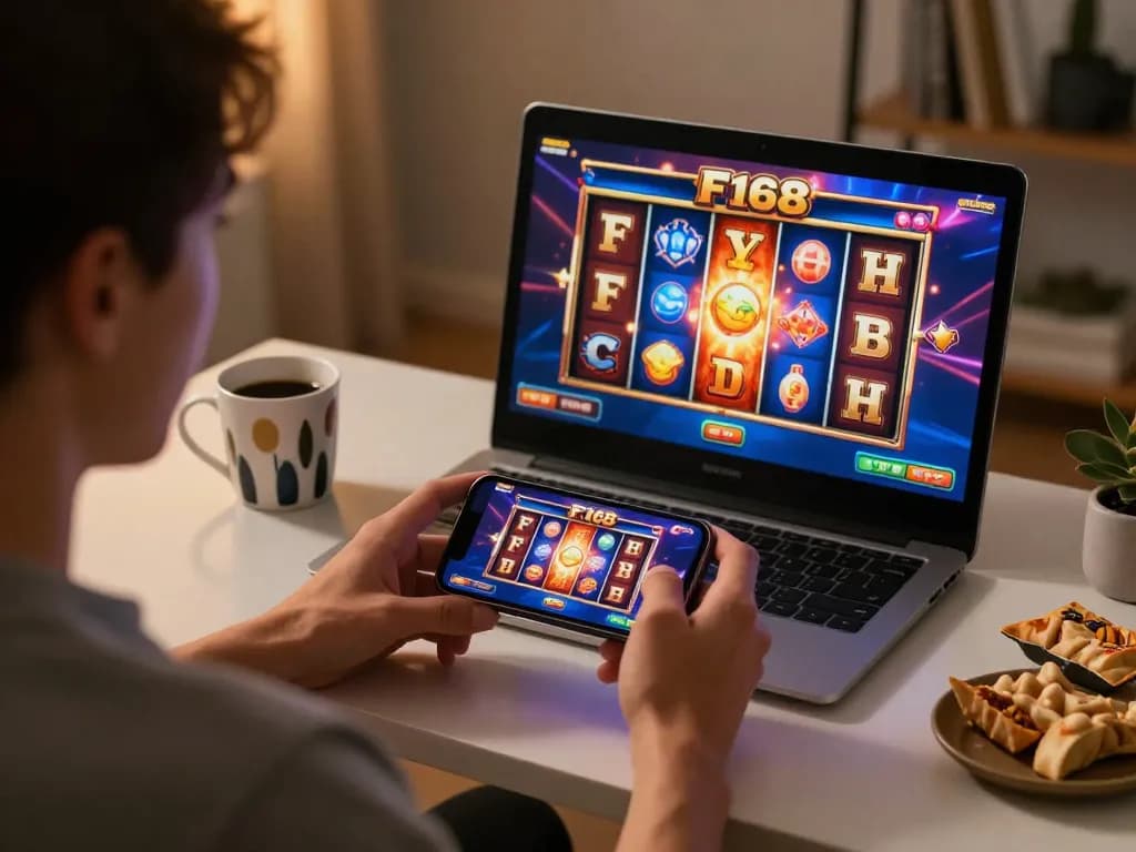 Player engaging with F168 mobile slots on smartphone in a cozy home setup, emphasizing enjoyment and strategy.