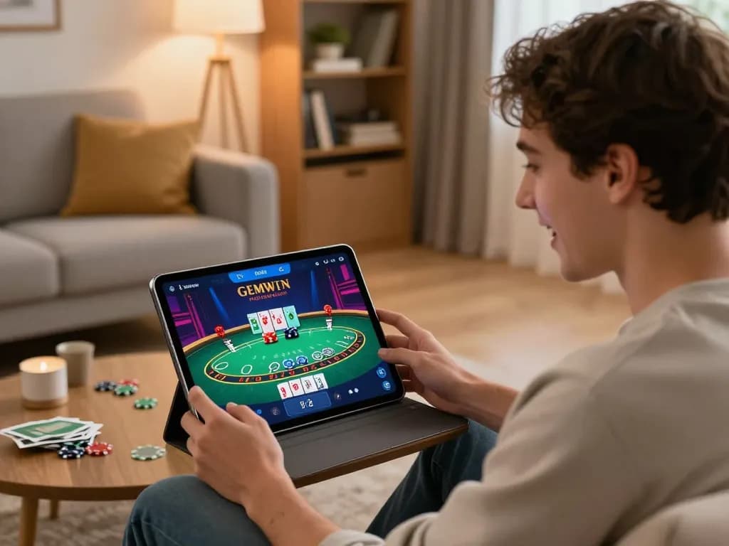 GEMWIN player engaging with live blackjack on tablet in stylish home setting