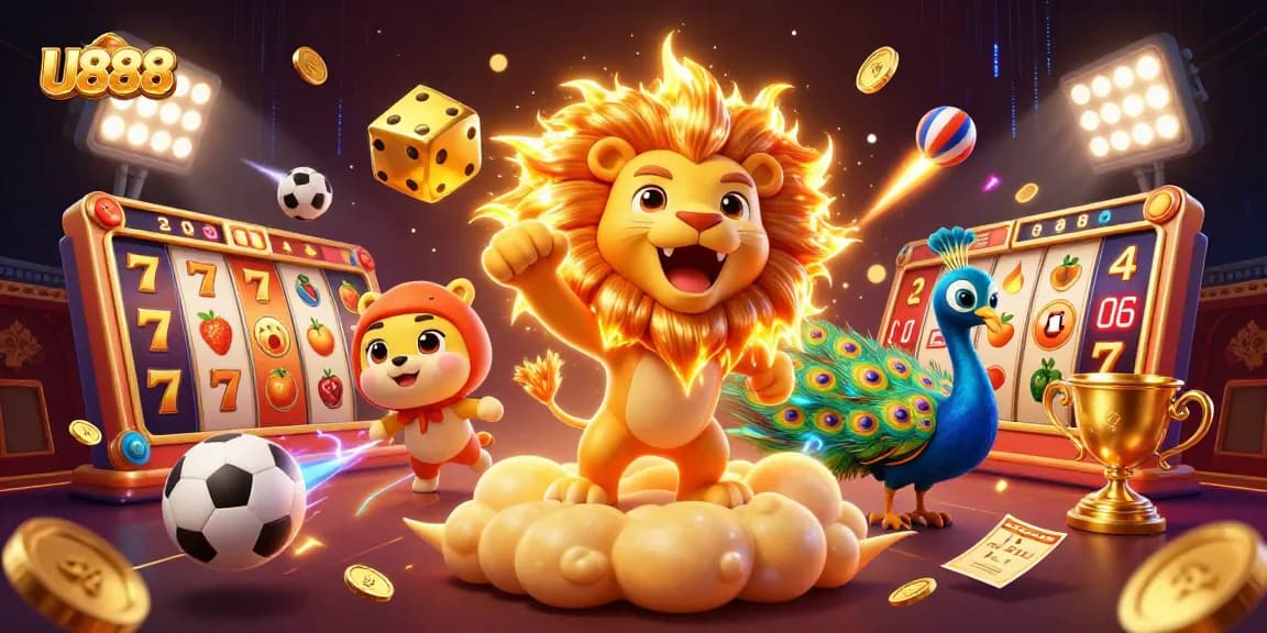 Experience thrilling gameplay with U888's vibrant casino scene featuring slot machines and dynamic sports elements.