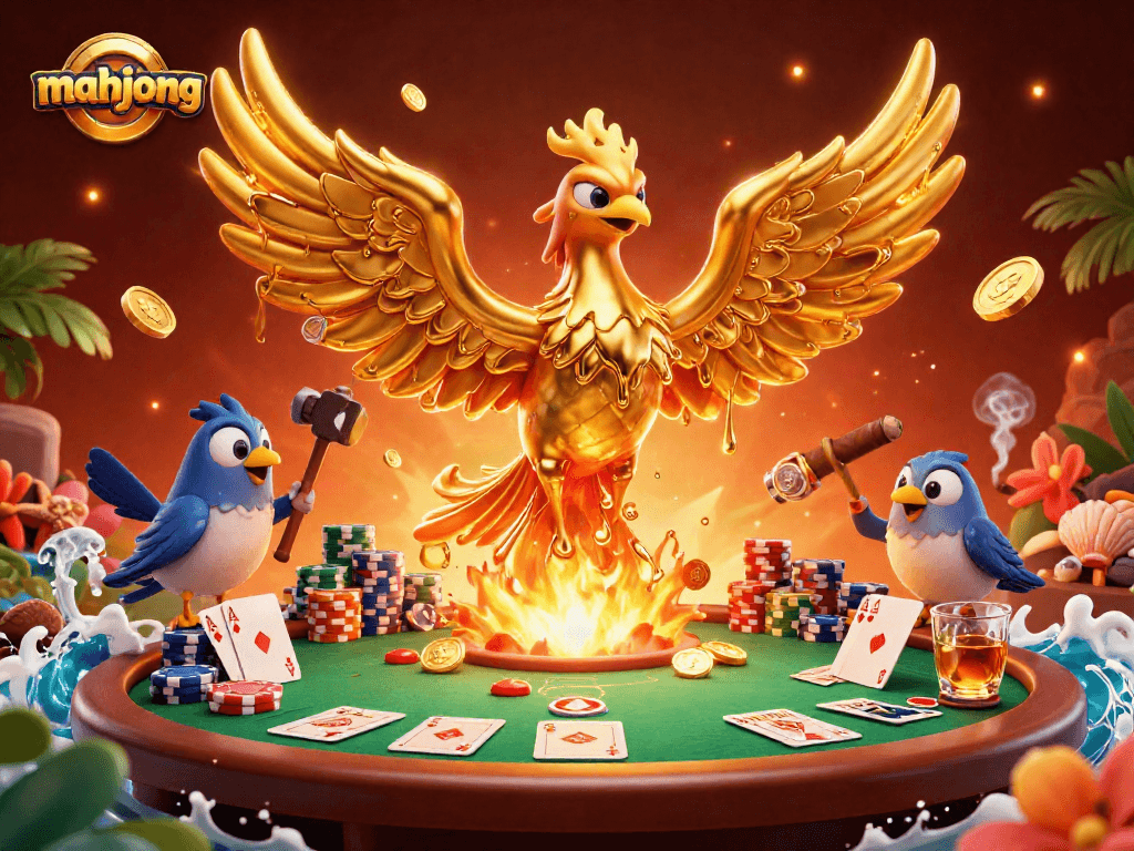 Experience mahjong excitement with a molten phoenix and poker elements in vibrant casino art.