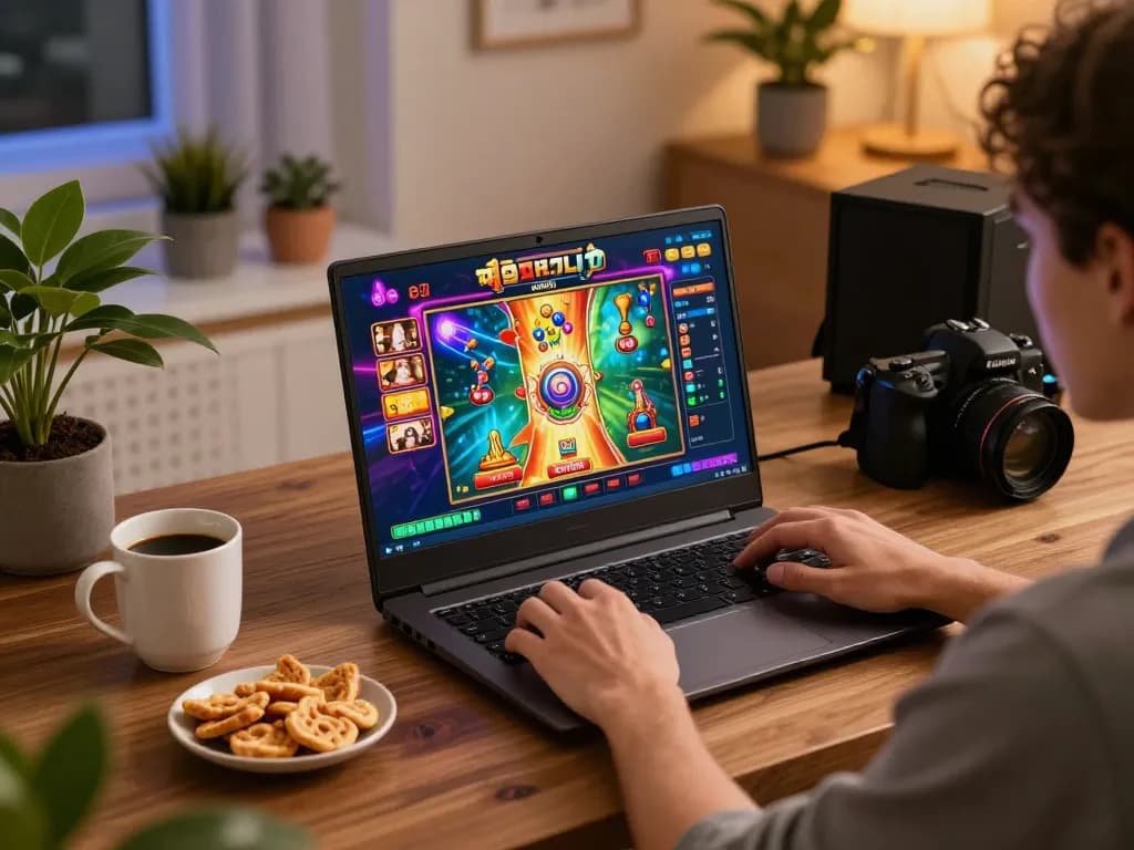 Engaging online gaming at home featuring slots gameplay on laptop with jus77 interface