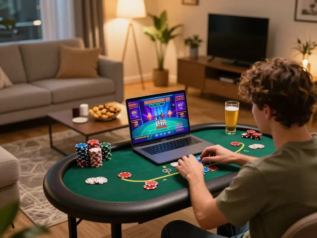 Player engaging in online poker at https://mk8th.net/ in a cozy home environment.