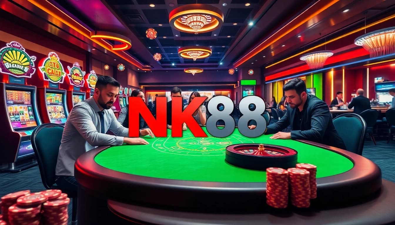 Excited players engaging in poker at NK88, surrounded by colorful slots and a gripping atmosphere.