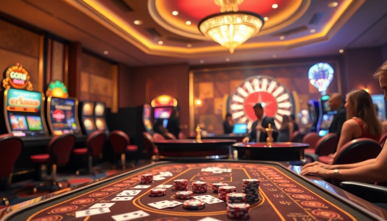 Exciting casino scene with poker table and GO8 theme, inviting players to win.