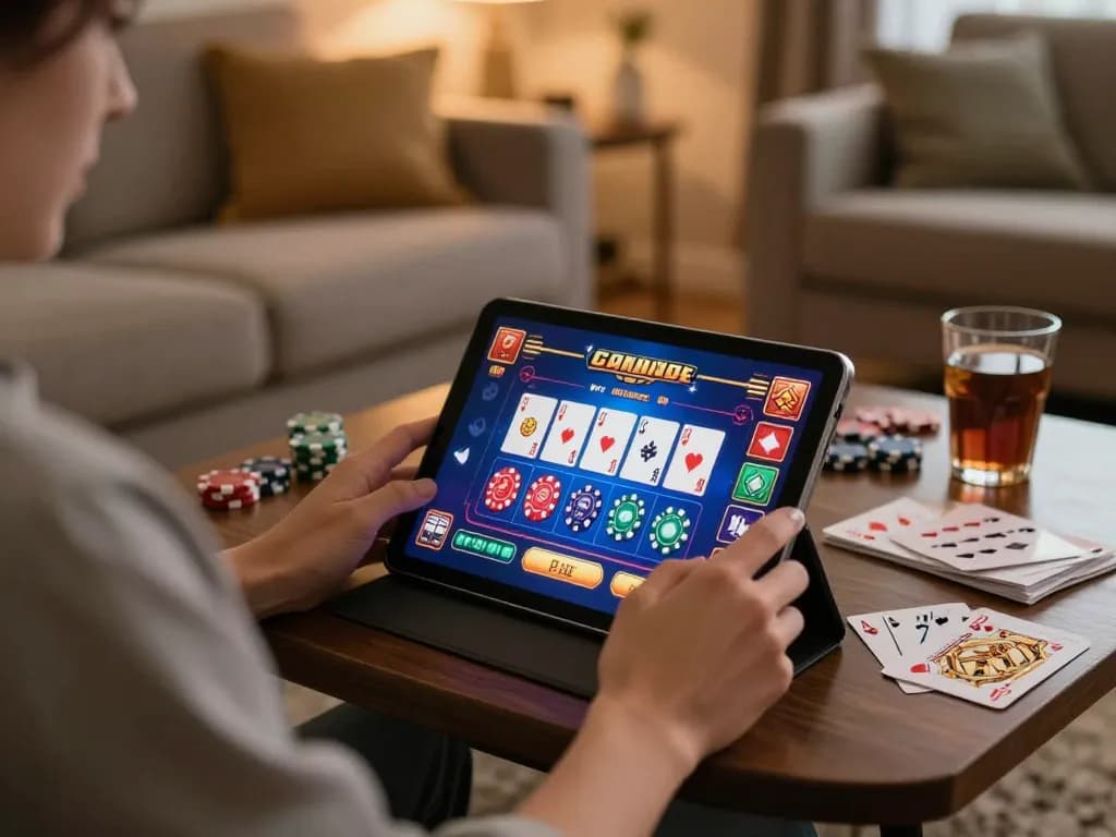 Engaging at Canadian online casinos through a tablet in a cozy living room.