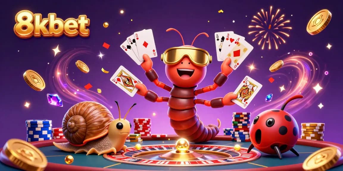 Experience the excitement of 8xbet with a whimsical casino scene featuring a millipede dealer and high-roller snail.