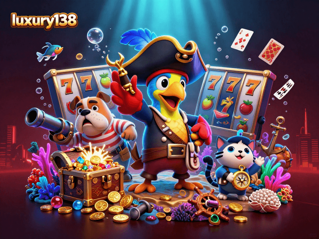 Slot permainan luxury138 dengan karakter kartun bajak laut yang penuh warna.