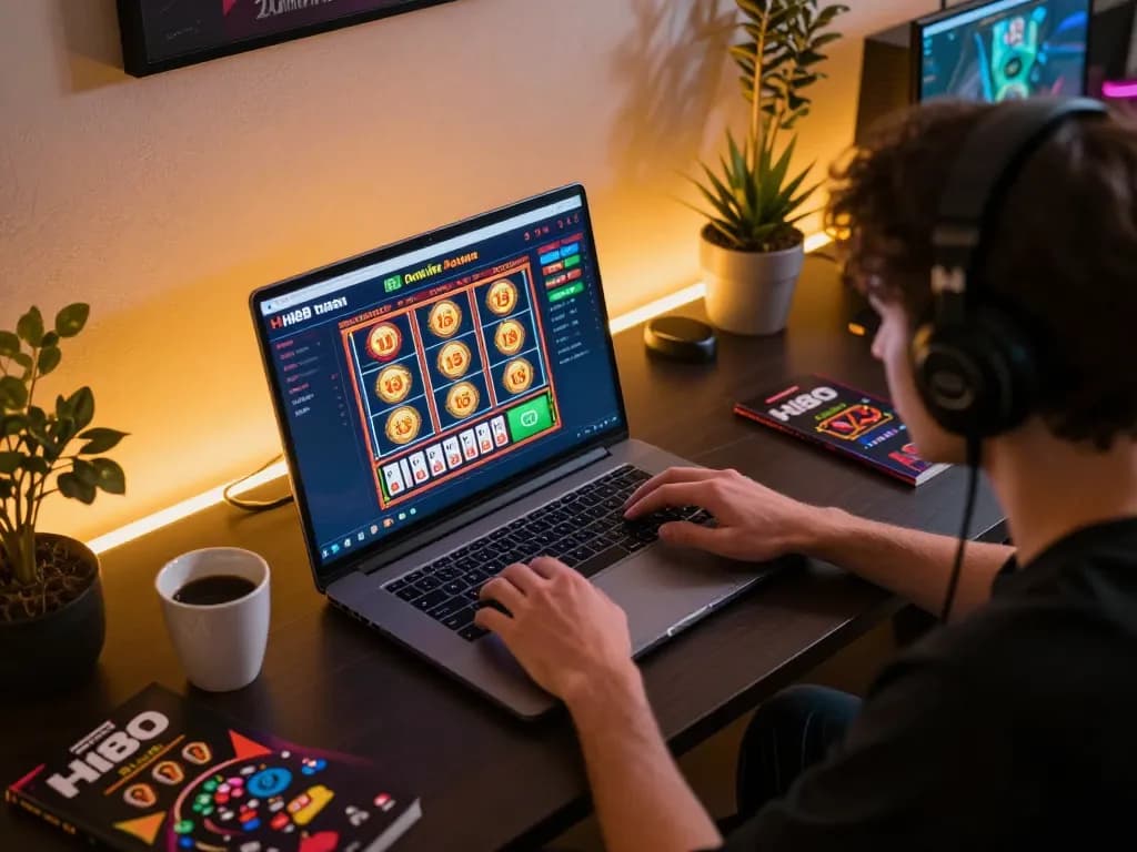 Engaging online gaming session on Hi88 with player immersed in casino action on laptop