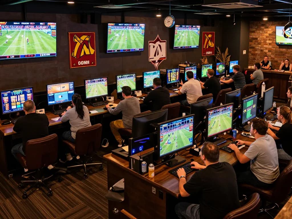 Kèo bóng đá hôm nay illustrated through an engaging sports betting scene showing lively interactions among bettors.