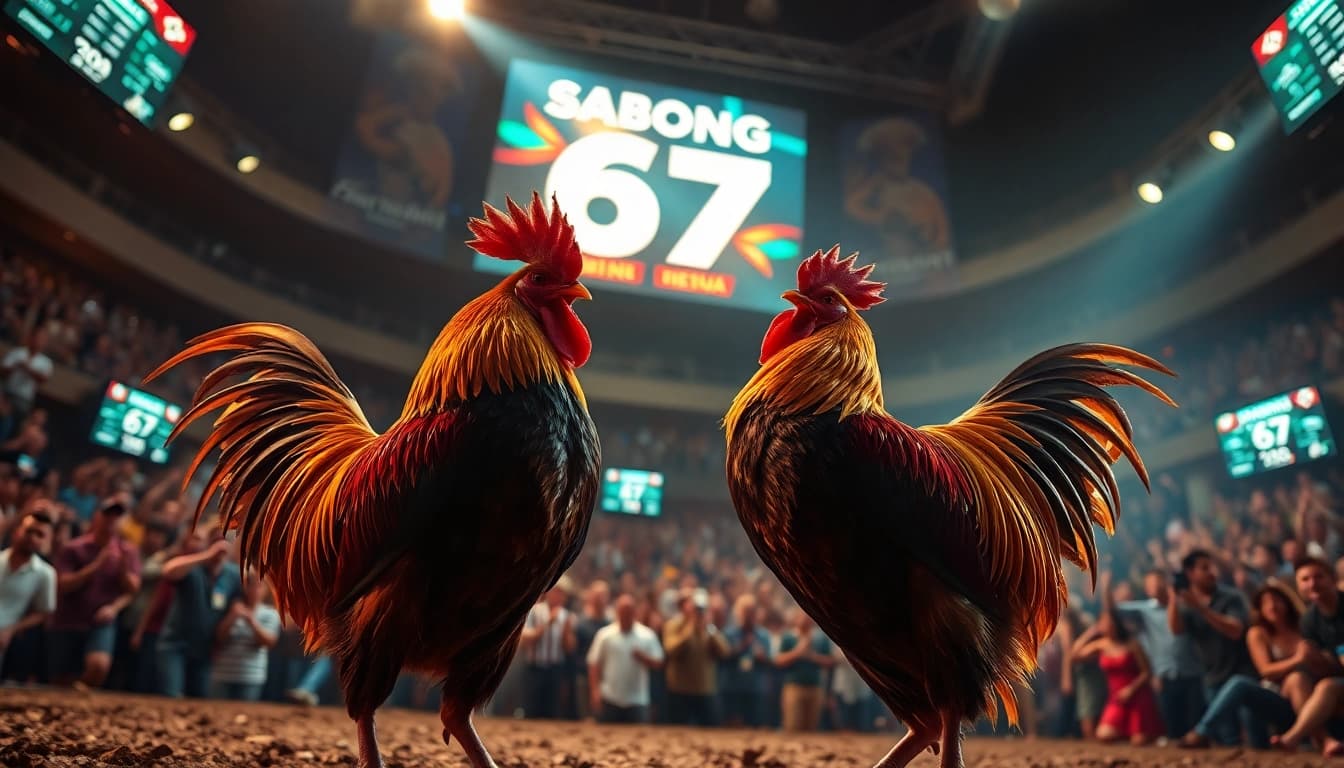 Thrilling live cockfighting action at Sabong 67 with vibrant roosters in a dynamic arena.