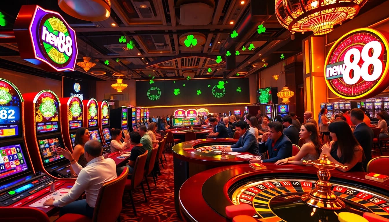 Gamblers engaging with vibrant new88 slot machines and roulette at a luxurious casino.