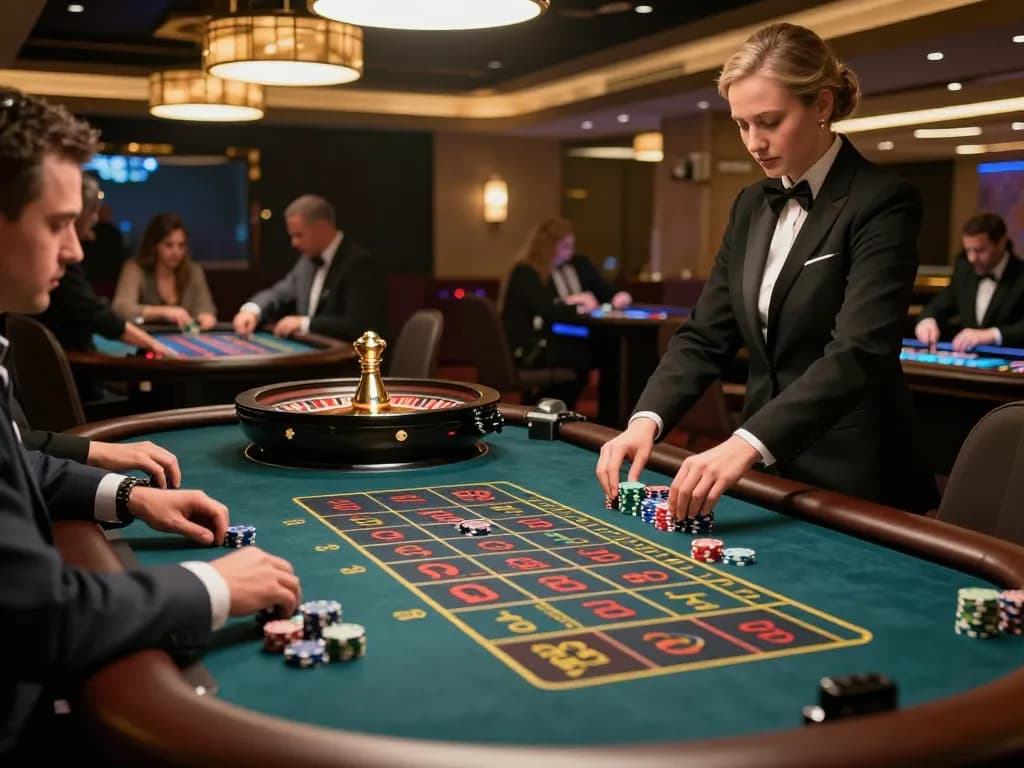 Players engaging at a roulette table in the GO8 casino, showcasing vibrant chips and strategic gameplay.