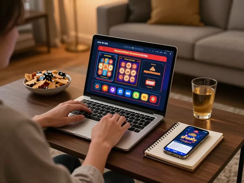 Player enjoying online gaming at home on a laptop featuring f8beta2 game interfaces, relaxed atmosphere with snacks.