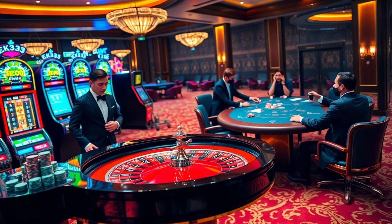 EK333 casino players enjoying high-stakes poker and roulette in a luxurious atmosphere