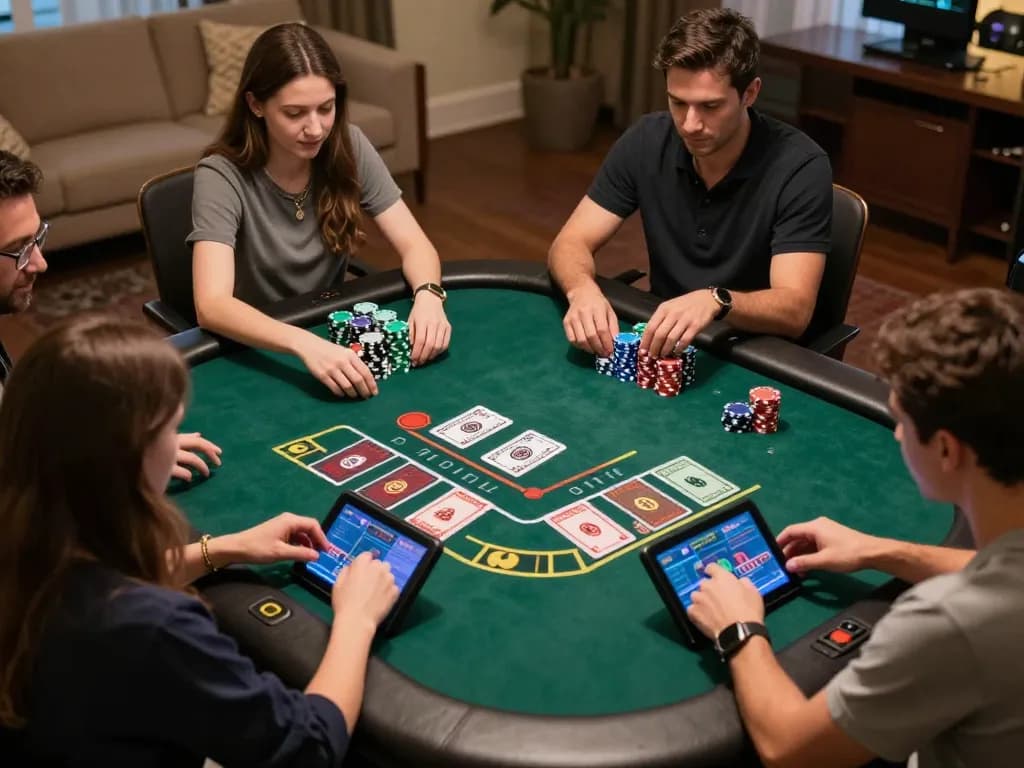 vaobet players engaged in thrilling virtual blackjack action with colorful chips and cards