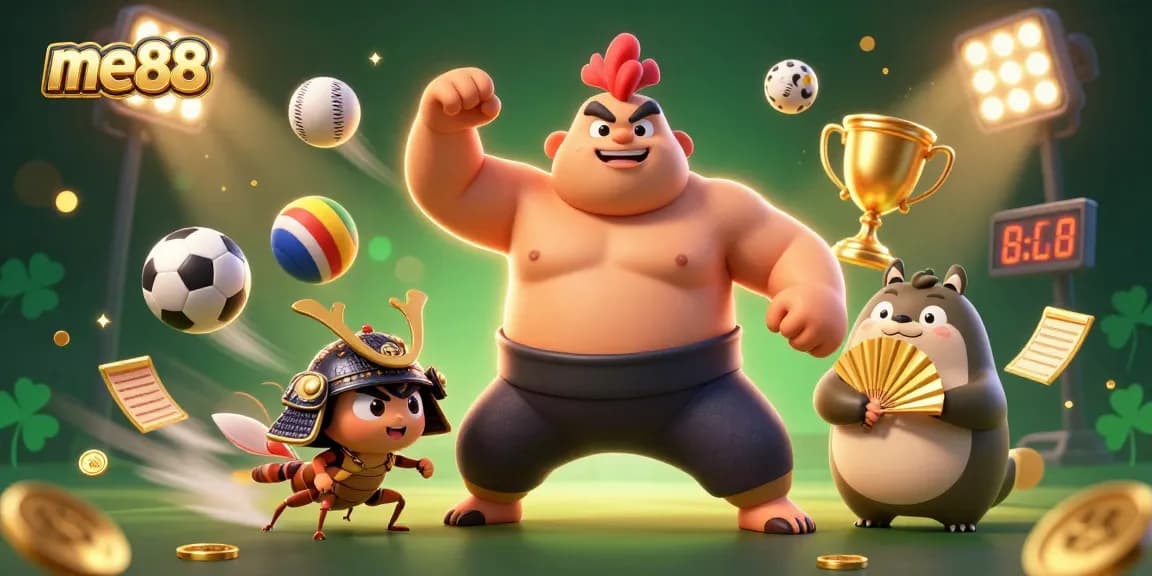 Join the excitement at me88, featuring a powerful sumo wrestler, samurai cricket, and tanuki announcer amid dynamic sports elements.