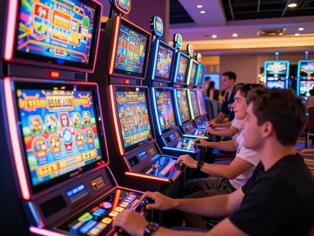 IWIN68 slot machines creating excitement and engagement on a lively casino floor.