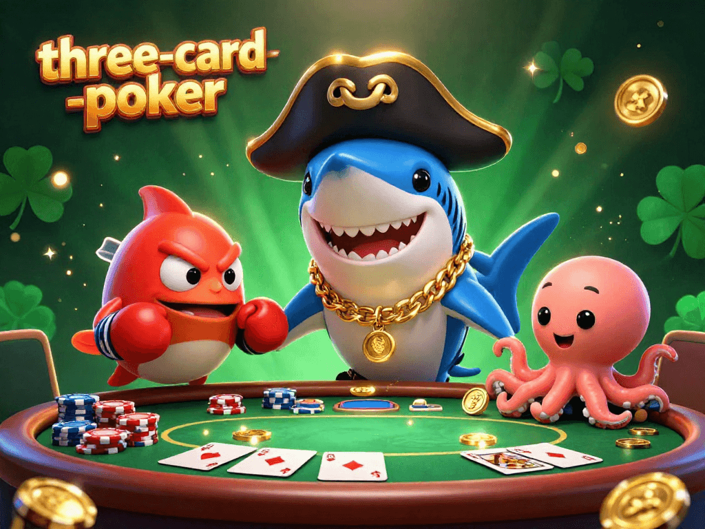 Engage in three-card-poker action with cartoon characters and vibrant casino elements around a poker table.