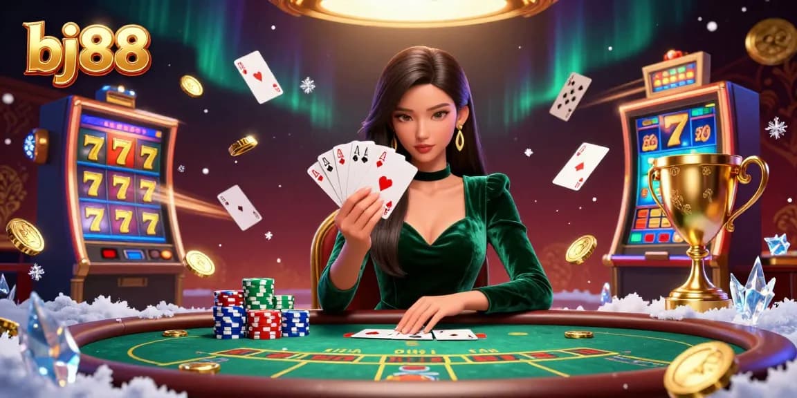 Experience thrilling casino action with bj88 as an Asian woman expertly plays poker surrounded by vibrant game elements.