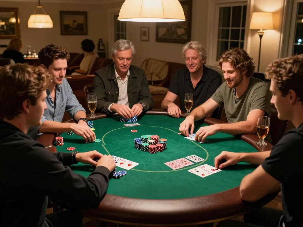 iWin players enjoy a festive poker night with colorful chips and strategic gameplay in a cozy atmosphere.