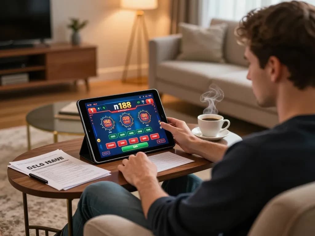 n188 online gaming experience, player enjoying tablet casino interface in cozy living room