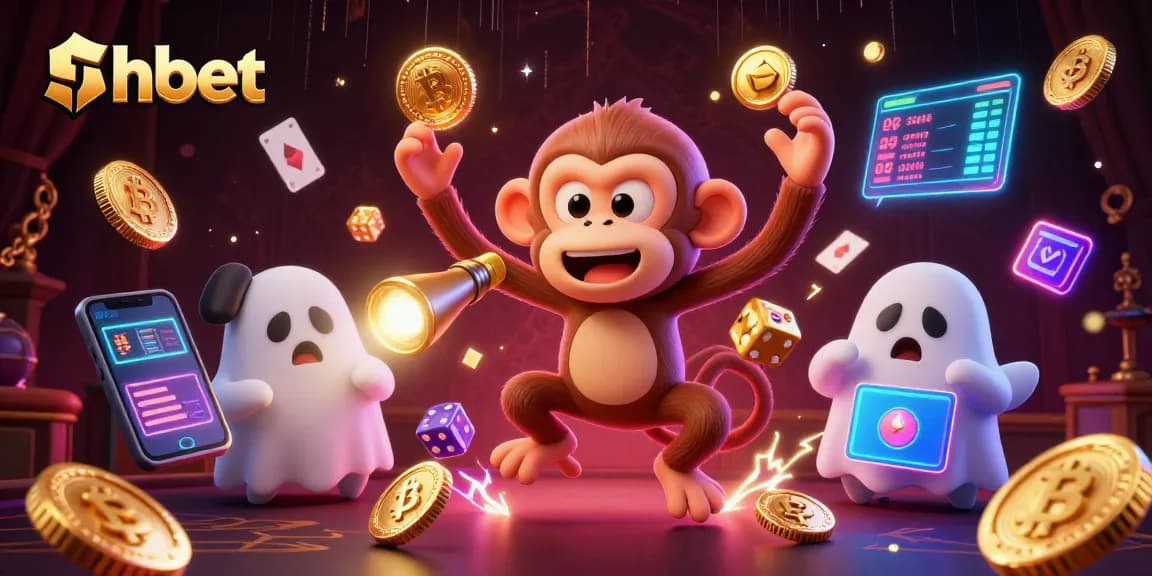Experience shbet excitement in a haunted casino with a playful poltergeist monkey juggling golden objects.