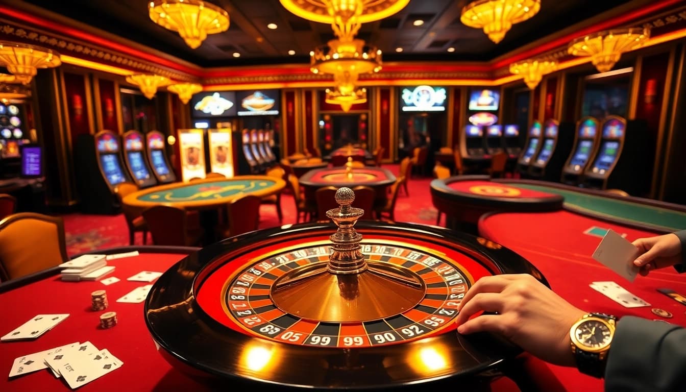 Experience thrill with professional gambling at https://good88k.co/ featuring vibrant casino tables, roulette wheel, and poker chips.