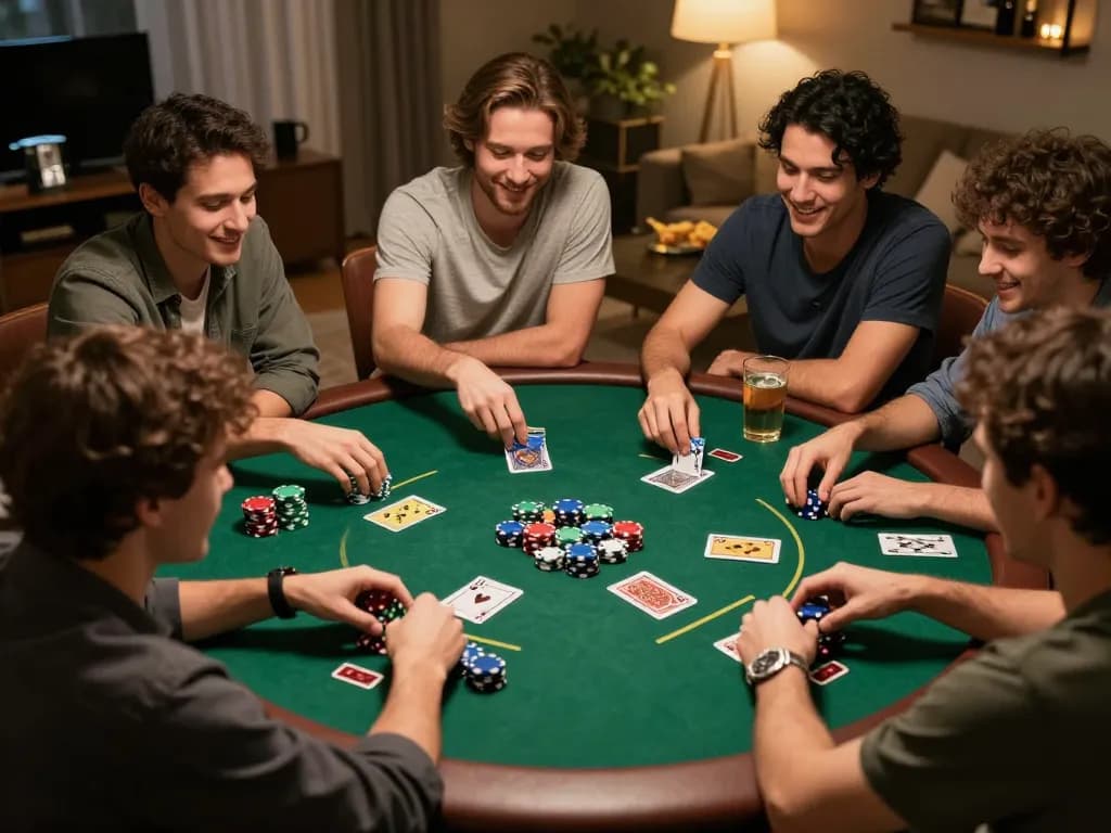 Friends enjoying a poker night at home, playing 68win with chips and cards visible.