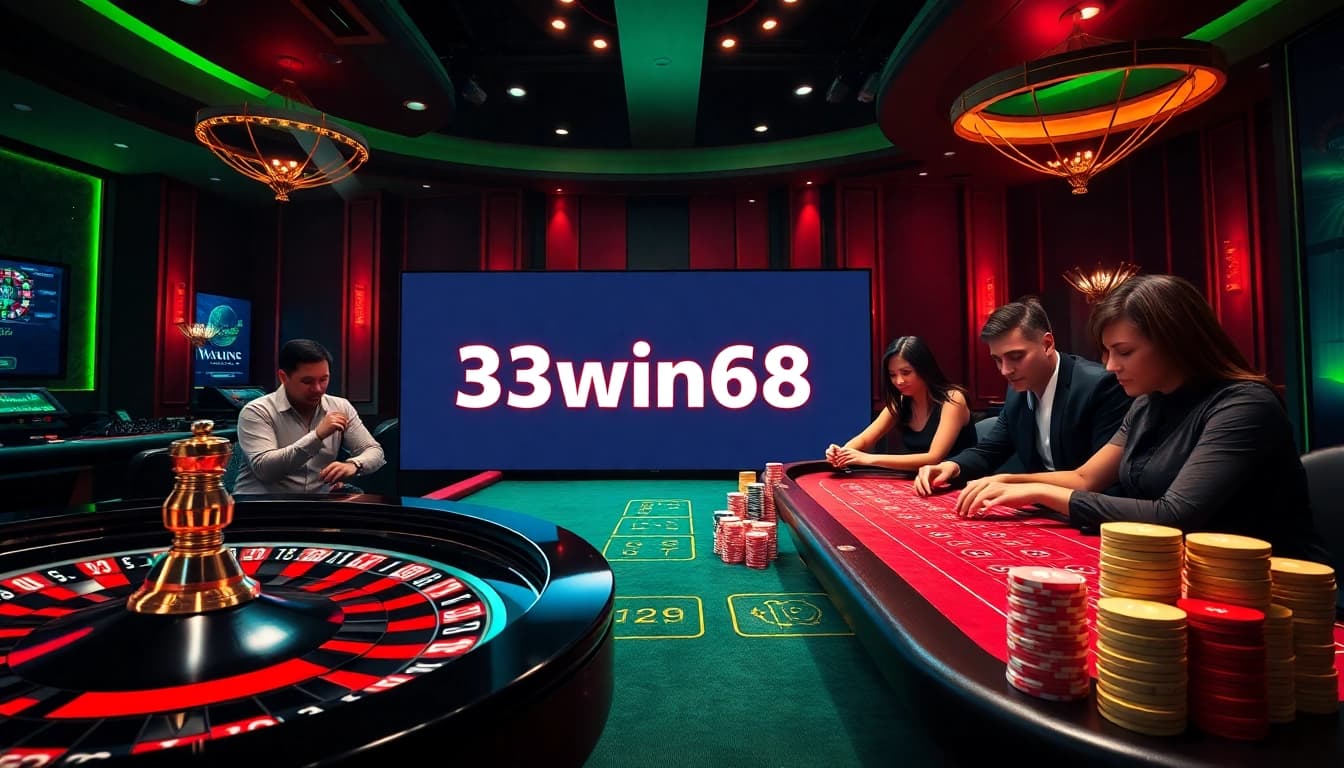Suasana kasino yang dinamis dengan pemain menikmati permainan 33win68 di meja roulette dan poker.