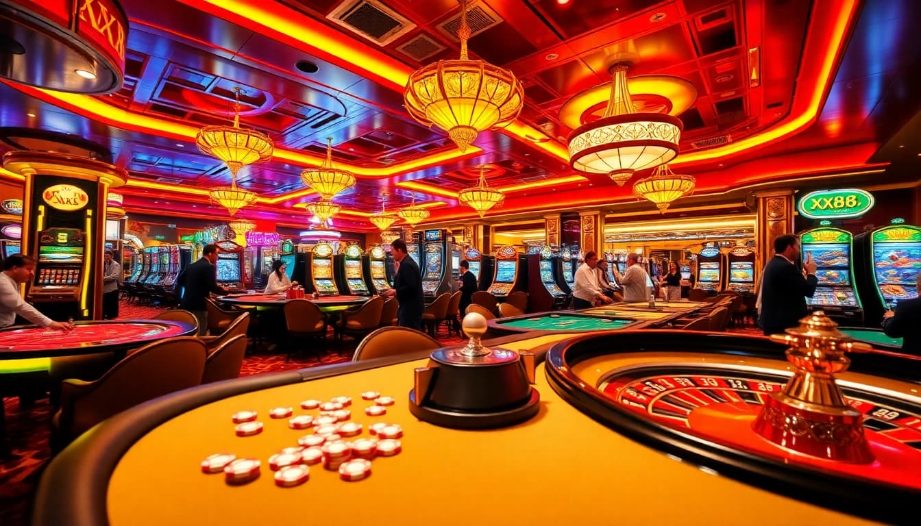Players experience thrilling wins at xx88's vibrant casino, featuring engaging gaming tables and excitement.