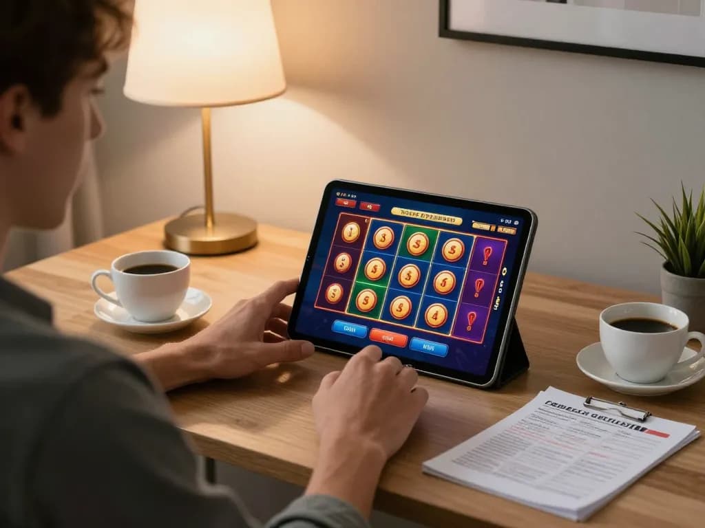 Player enjoying dh88 online slots on a tablet, cozy home environment highlighting gambling excitement.