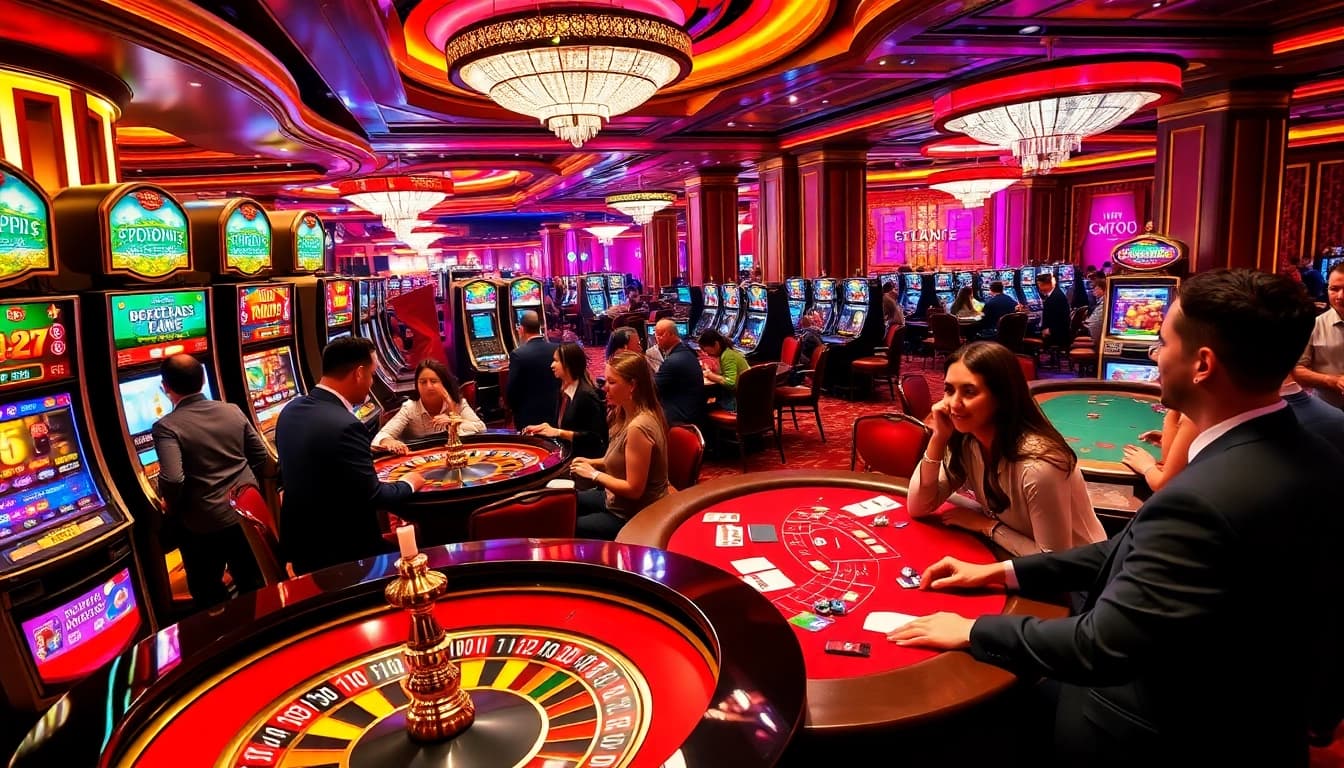 Players enjoy a thrilling gaming experience at hitclub casino with vibrant tables and exciting slot machines.