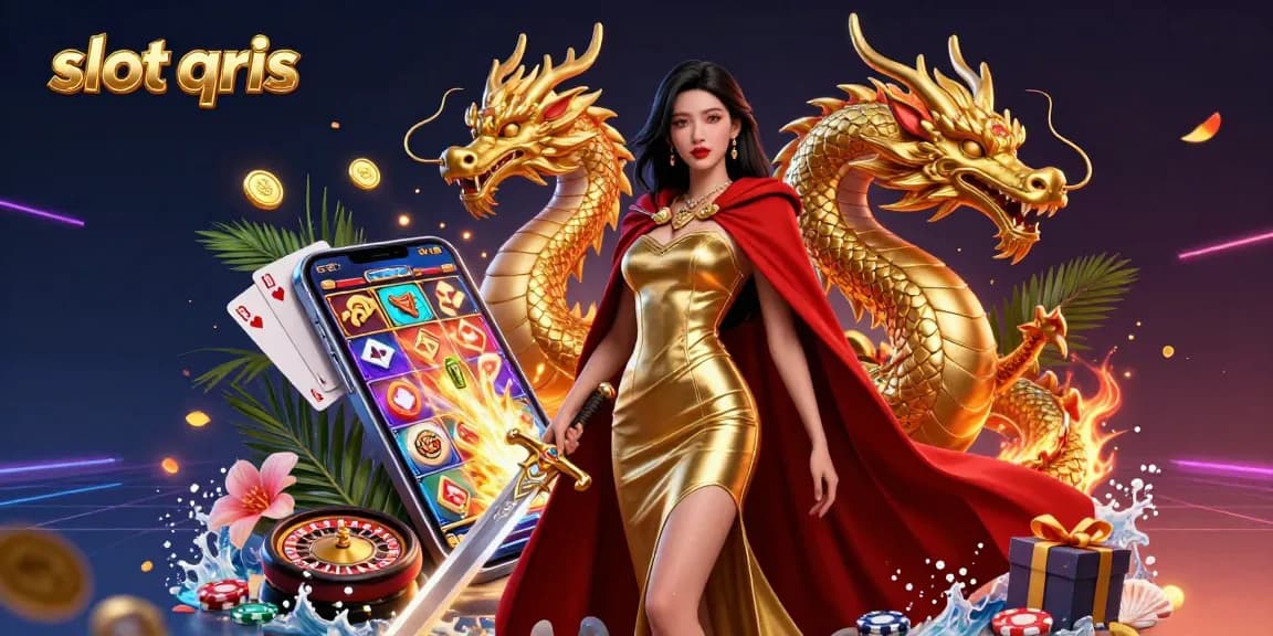 Experience the exhilarating world of slot qris with a warrior queen amidst vibrant gaming elements and dynamic action.