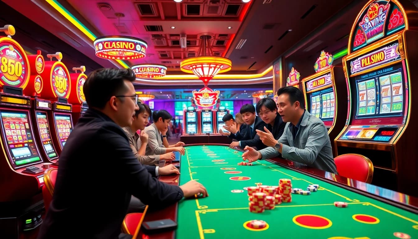 Experience the thrill of idn slot gaming with players celebrating wins at a vibrant casino table.