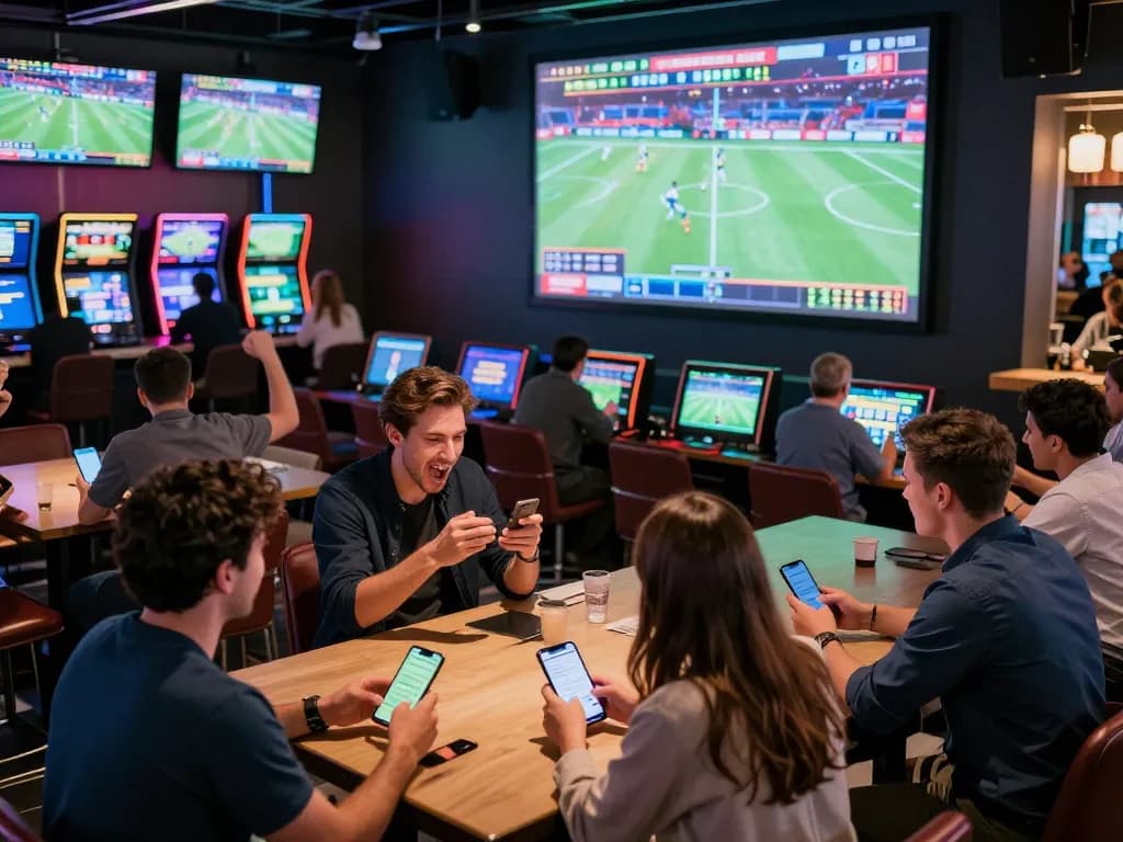 View of bettors engaging with gg88 com sportsbook, analyzing odds and cheering for live games.