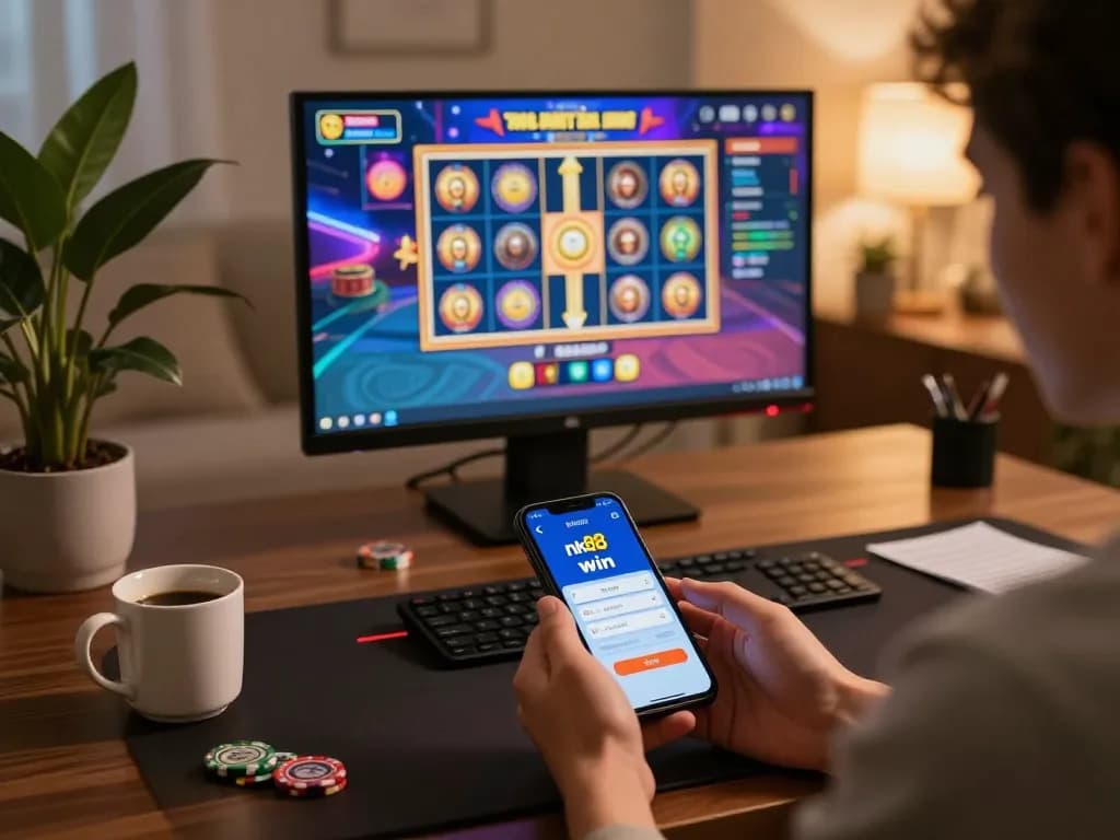 Engaging with nk88 win app on smartphone while playing slot games in a cozy home setting.