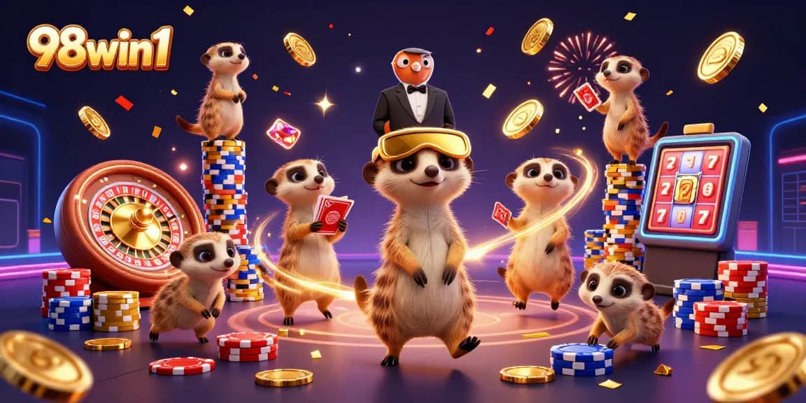 Experience excitement at 98win1 with meerkats in a vibrant casino scene showcasing gaming action.