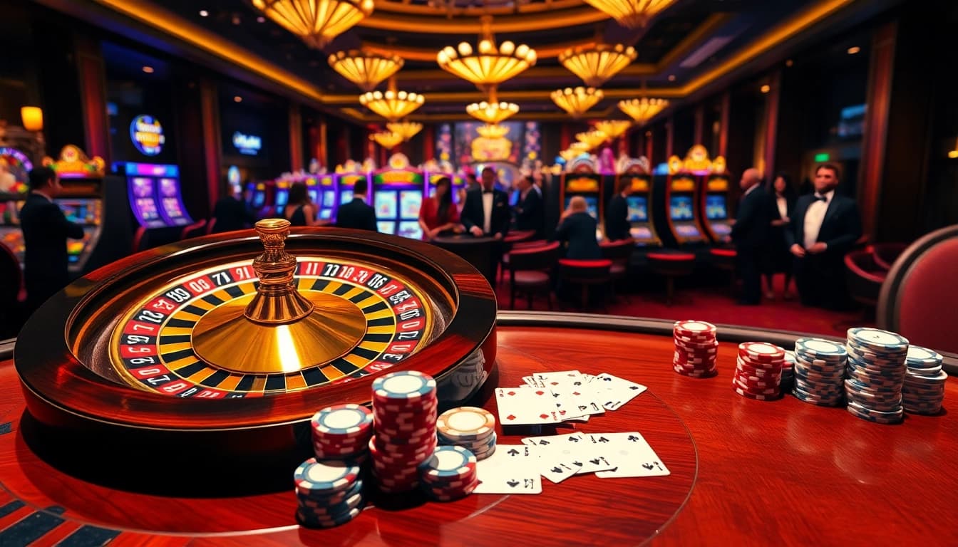 Gambling enthusiasts play at a sophisticated casino table featuring RR99 poker chips and a luminous roulette wheel.
