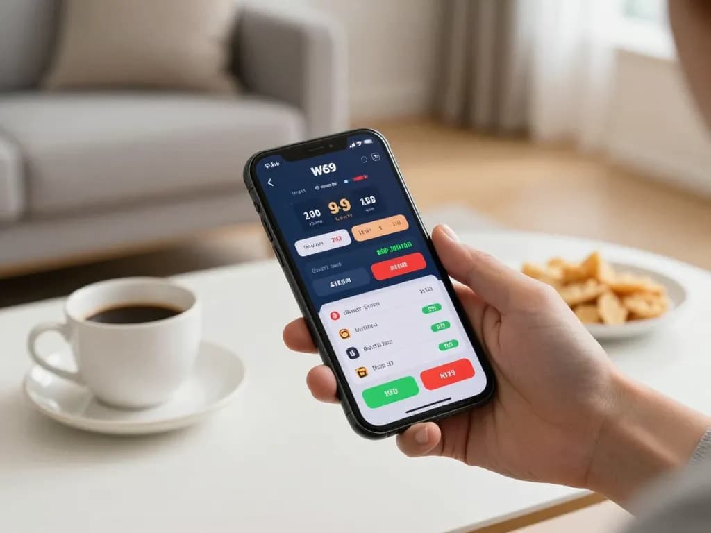 Engaging moment of sports betting using the W69 app on a smartphone in a cozy home setting.
