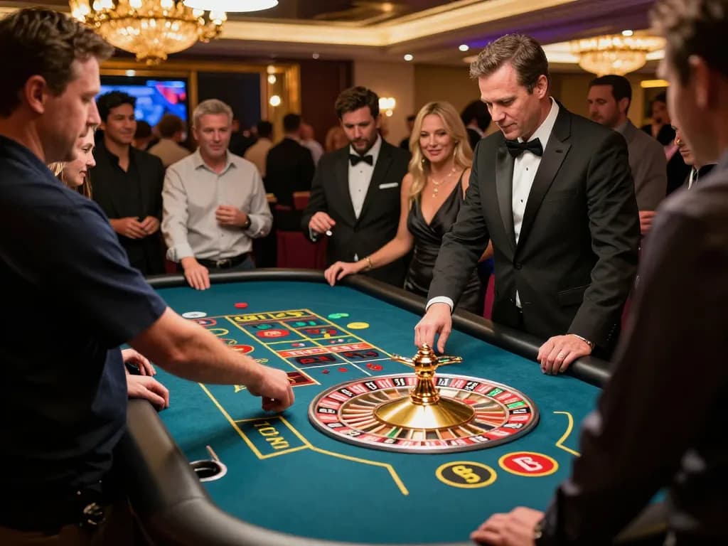 Players placing bets at the Bl555 roulette table, amidst a luxurious casino atmosphere.