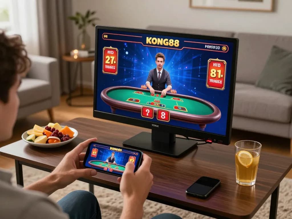 KONG88 user enjoying live online casino games on a smartphone in a cozy home setting.