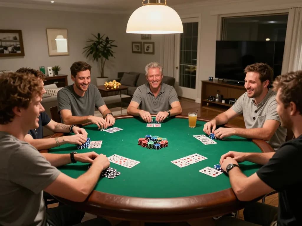 PLANET88 players enjoying a vibrant home poker game, chips, cards, and drinks setting the scene