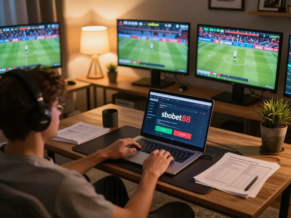 Engaged player exploring sbobet88 sports betting interface on laptop, showcasing dynamic gaming experience.