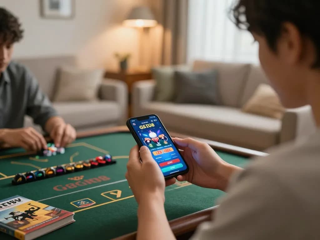 Orang menggunakan aplikasi Gsc108 di smartphone saat sesi permainan online, suasana rumah yang nyaman dengan pencahayaan hangat.