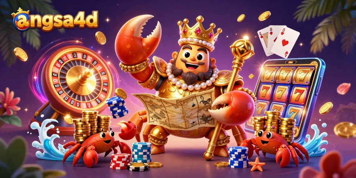 Engage with angsa4d's rich casino experience featuring a golden crab emperor and dazzling slot elements.