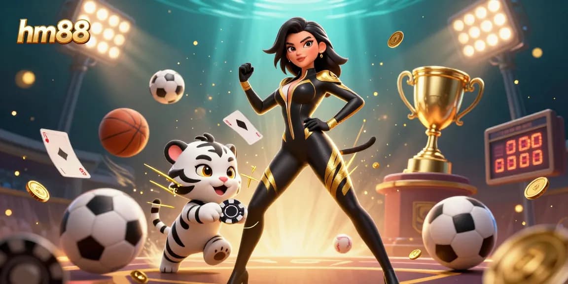 Engage with thrilling games at hm88, where a captivating woman and a playful tiger embody the excitement of casino gaming.