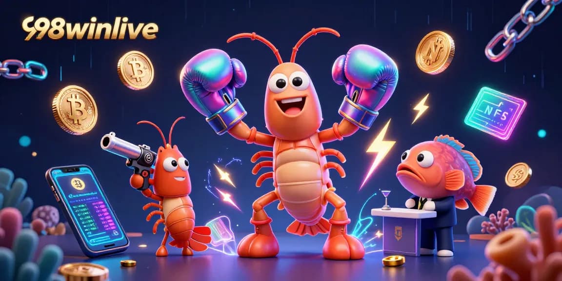 Engage with 98winlive, featuring a vibrant casino scene with shrimp characters and neon crypto elements.