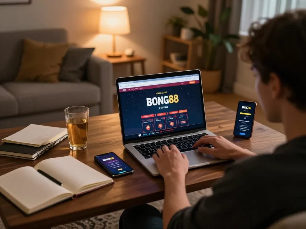Bong88 user engaging in online casino gameplay from a cozy home setup, showcasing strategic planning.