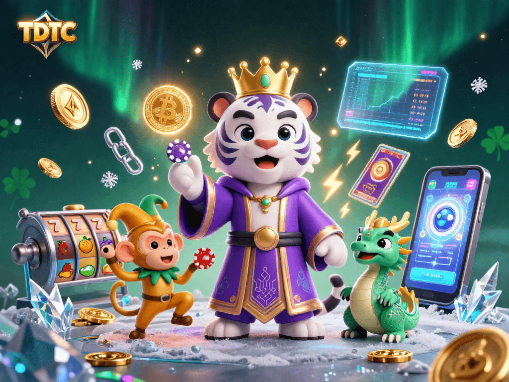 Engage with TDTC's vibrant casino scene featuring a regal white tiger and juggling monkey.