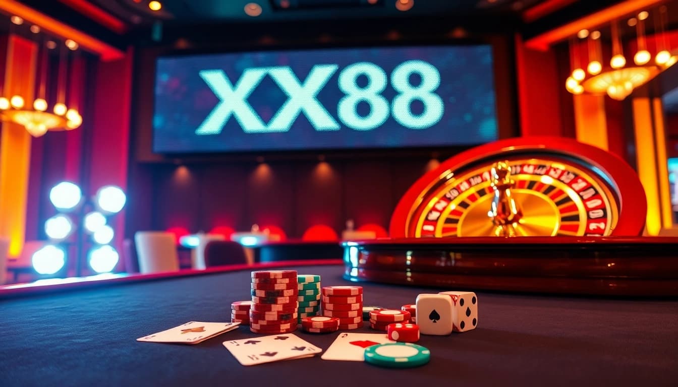 Experience high-stakes action with XX88 at a luxurious casino table featuring roulette and poker.